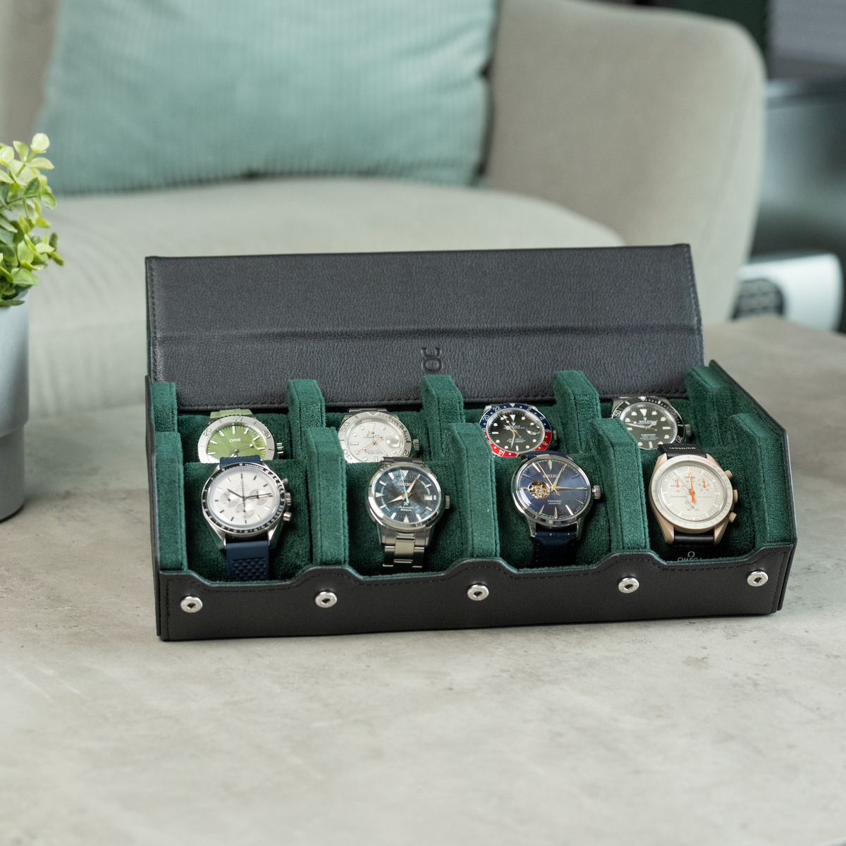 Hexagon watch box for 8 watches, black leather with green interior