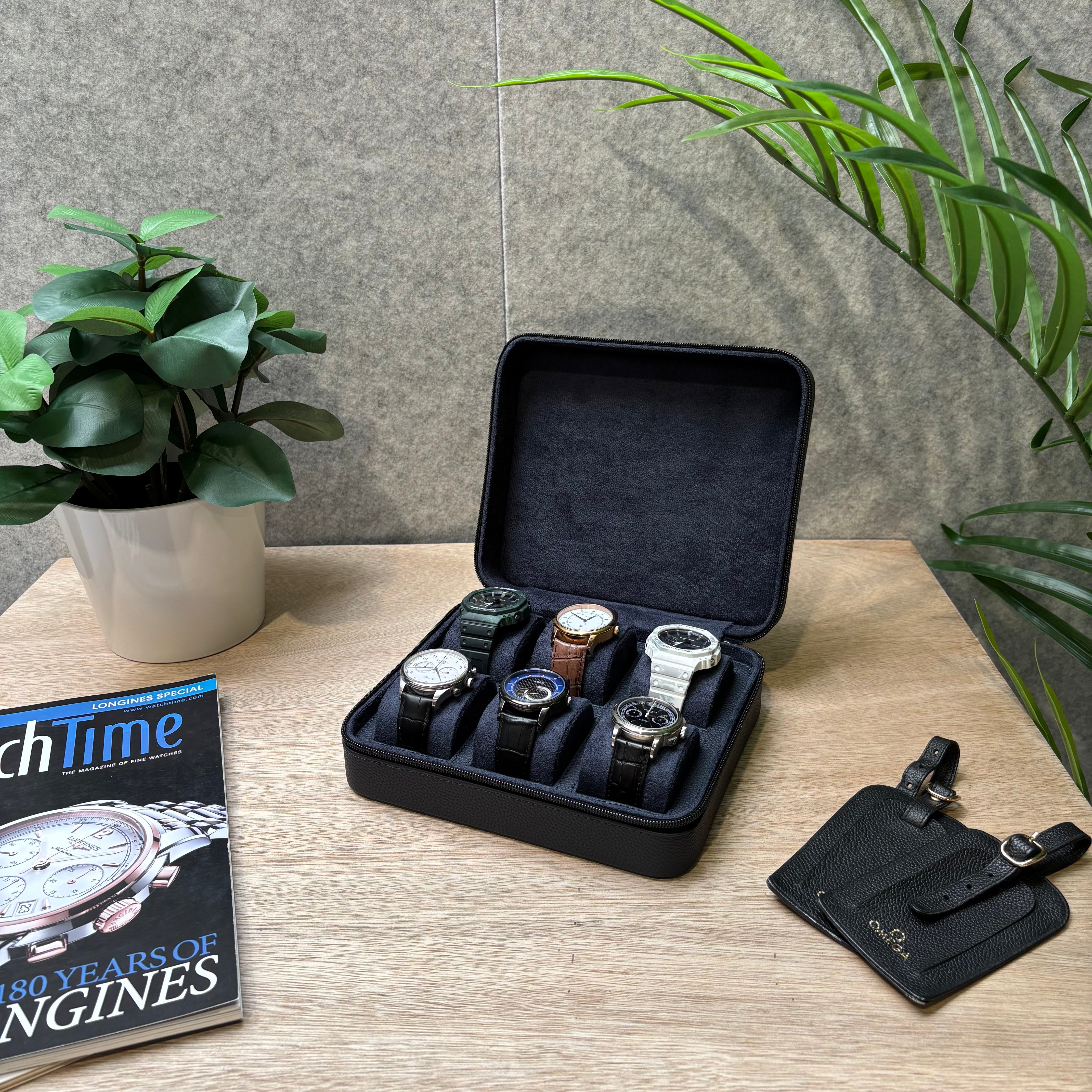 Square Watch Box 6 Slot - Navy Blue Litchi