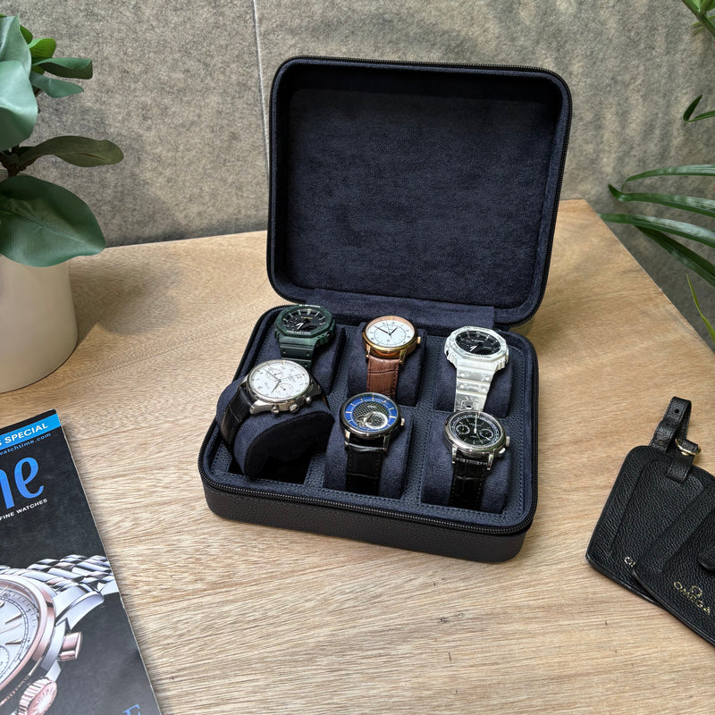 Square Watch Box 6 Slot - Navy Blue Litchi