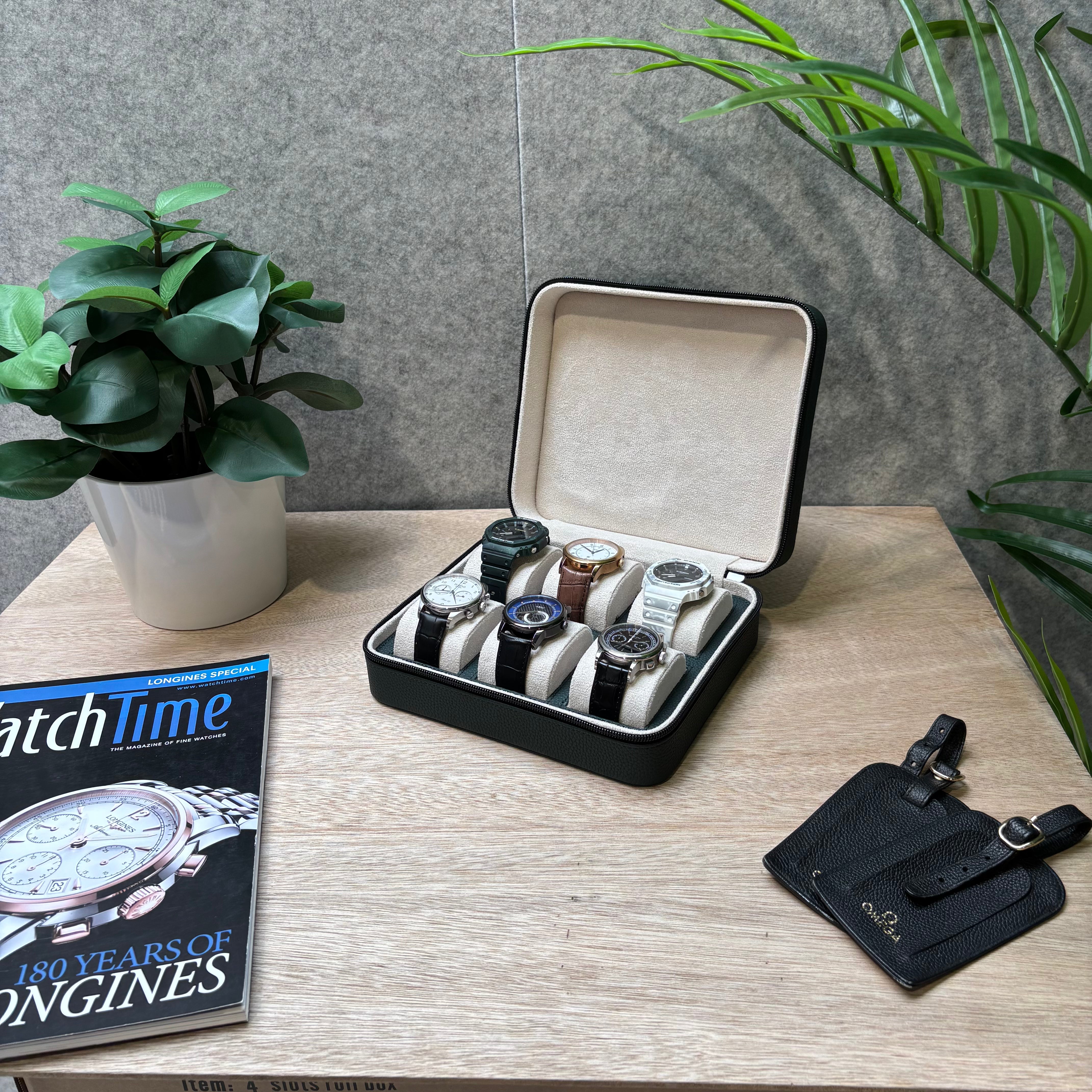 Square Watch Box 6 Slot - Dark Green Litchi