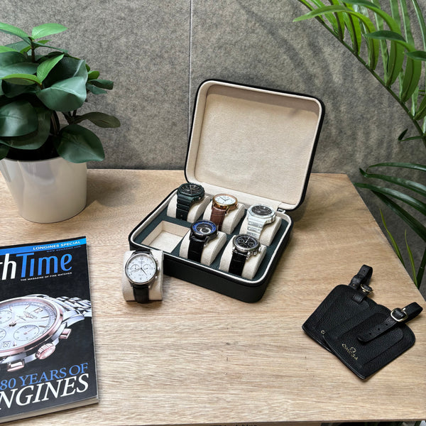 Square Watch Box 6 Slot - Dark Green Litchi