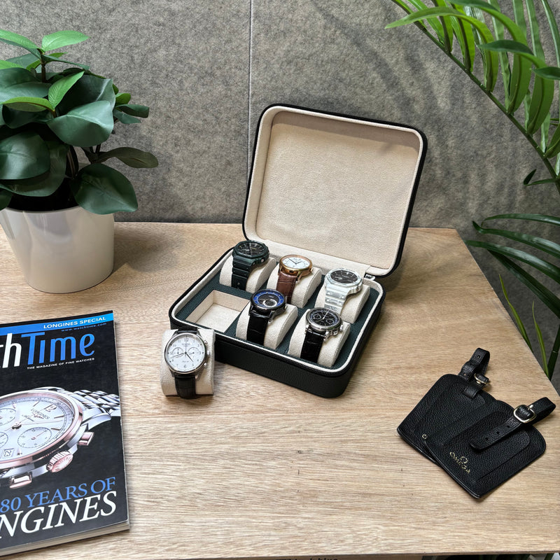 Square Watch Box 6 Slot - Dark Green Litchi
