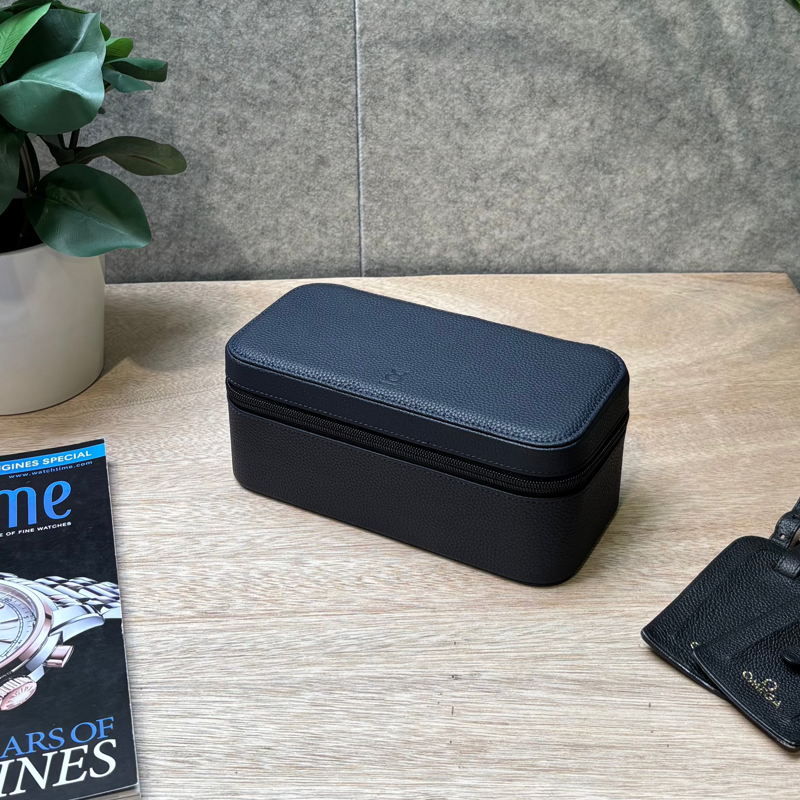 Square Watch Box 3 Slot - Navy Blue Litchi