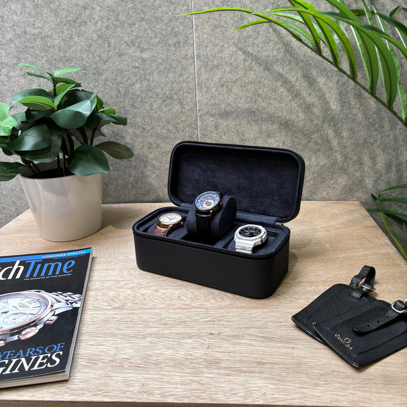 Square Watch Box 3 Slot - Navy Blue Litchi