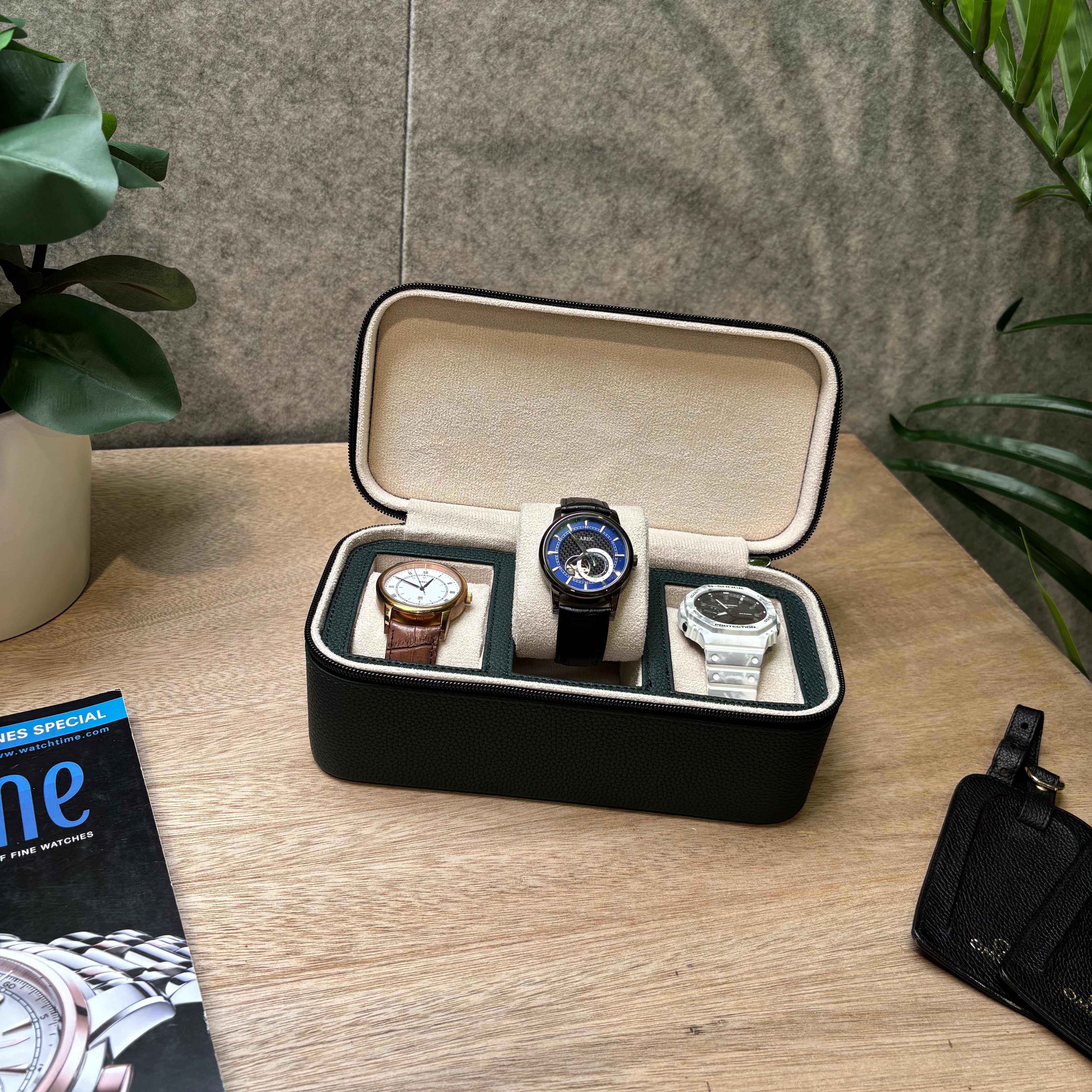 Square Watch Box 3 Slot - Dark Green Litchi