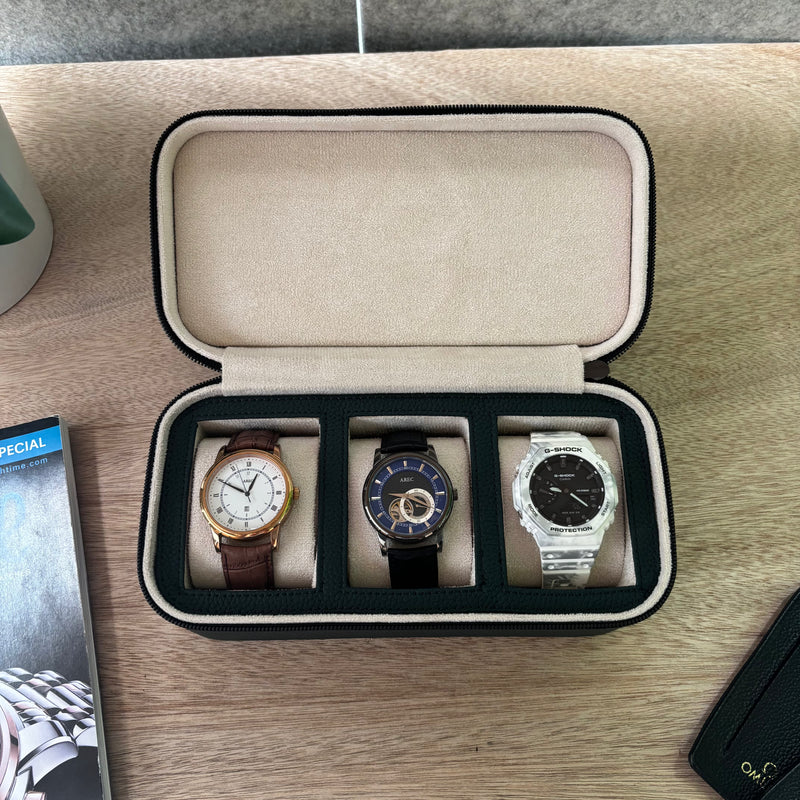 Square Watch Box 3 Slot - Dark Green Litchi