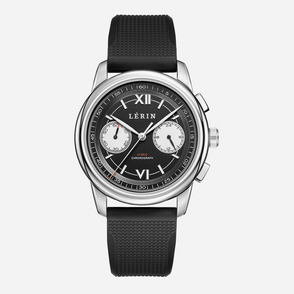 A LERIN wristwatch with a black textured strap, a silver-toned stainless steel case, and a black dial featuring white sub-dials and Roman numeral hour markers.