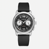 A LERIN wristwatch with a black textured strap, a silver-toned stainless steel case, and a black dial featuring white sub-dials and Roman numeral hour markers.