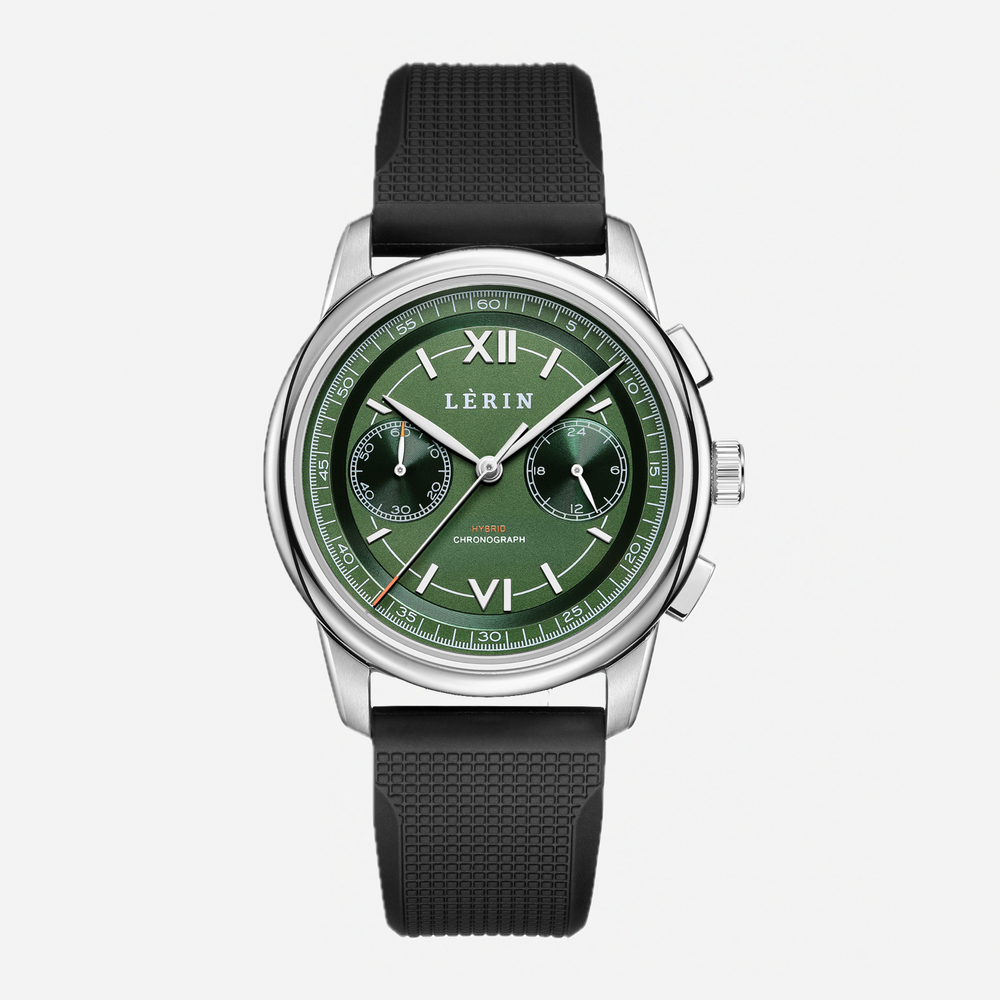 A LERIN wristwatch with a green dial, silver-tone stainless steel case, and a textured black rubber strap, shown against a light gray background.