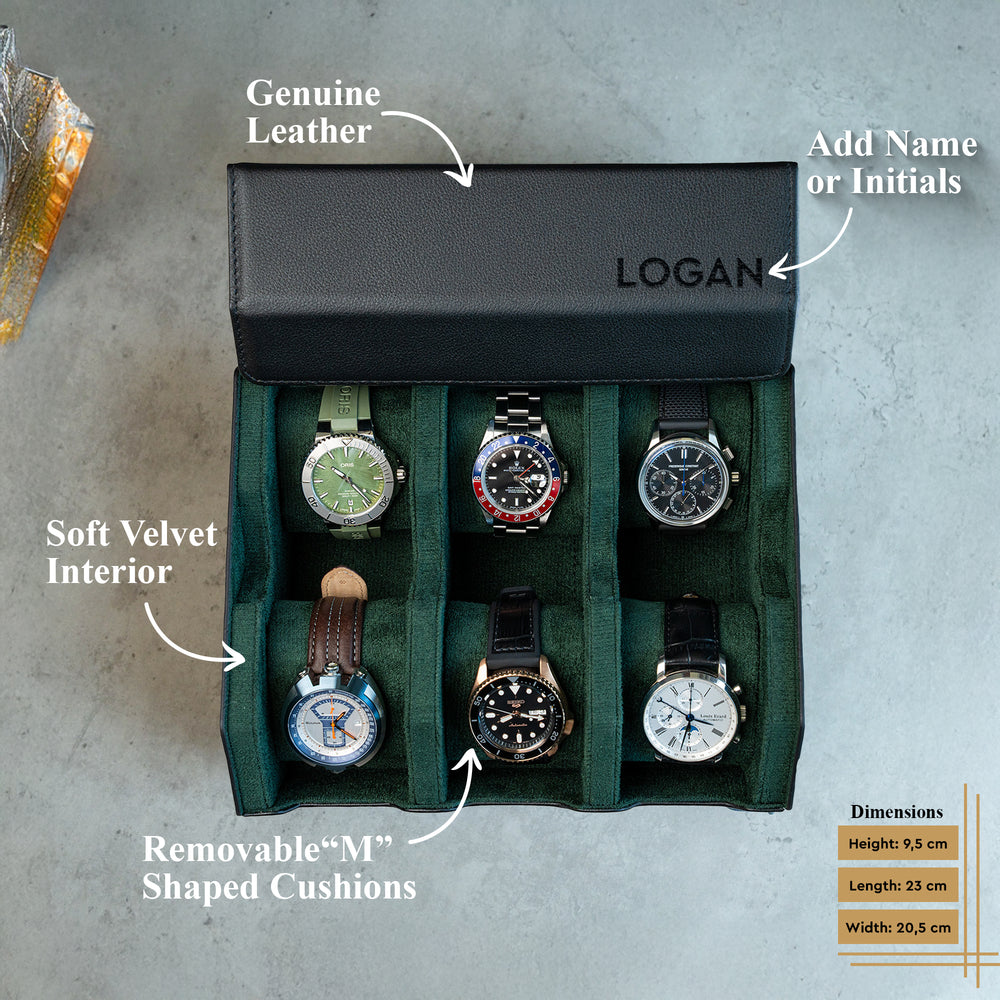 Personalized Hexagon Black Green 6 Slot Watch Box