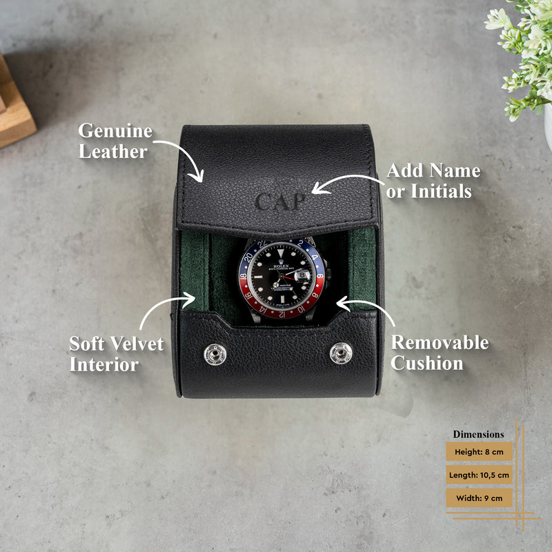 Personalized watch roll for one watch in black green with the engraving CAP