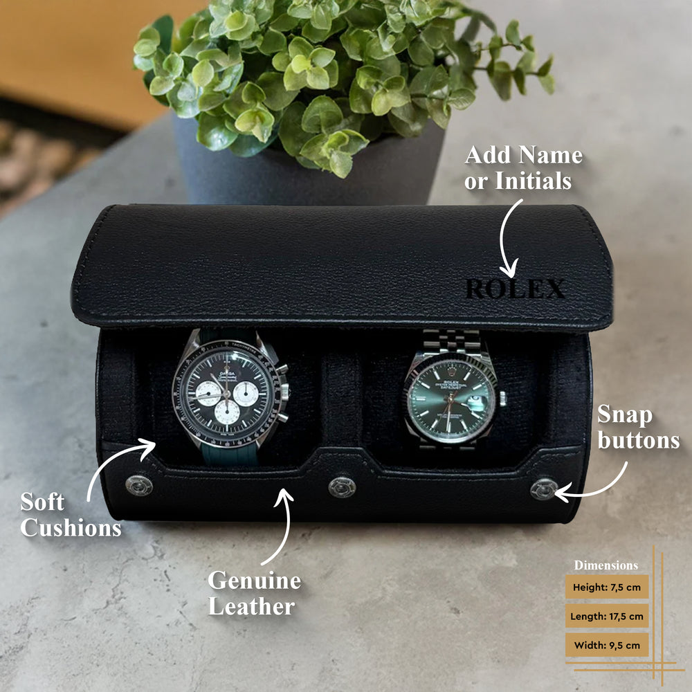 Personalized Two Slot Watch Roll - All Black