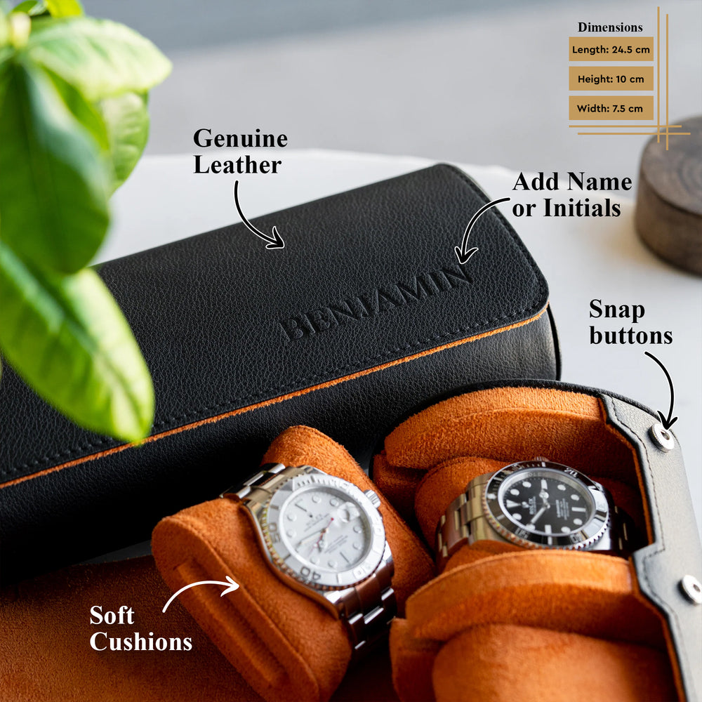 Personalized Watch Roll Black Orange - Add name or initials