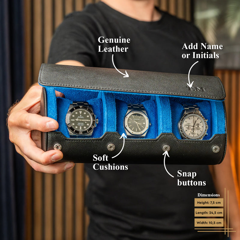 Personalized Watch Roll Large - Black Blue