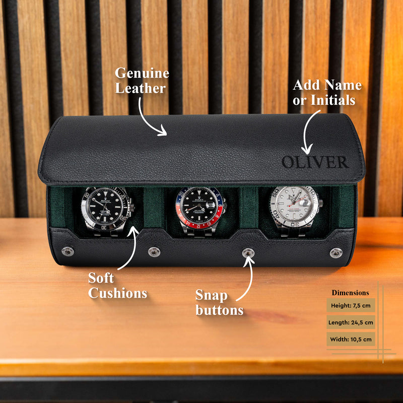 Details regarding the watch roll for 3 watches in black green