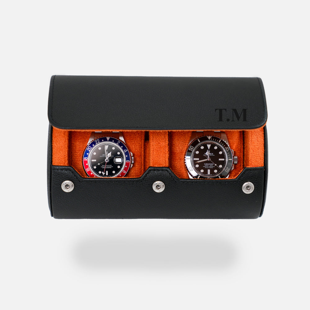 Personalized Two Slot Watch Roll Black Orange