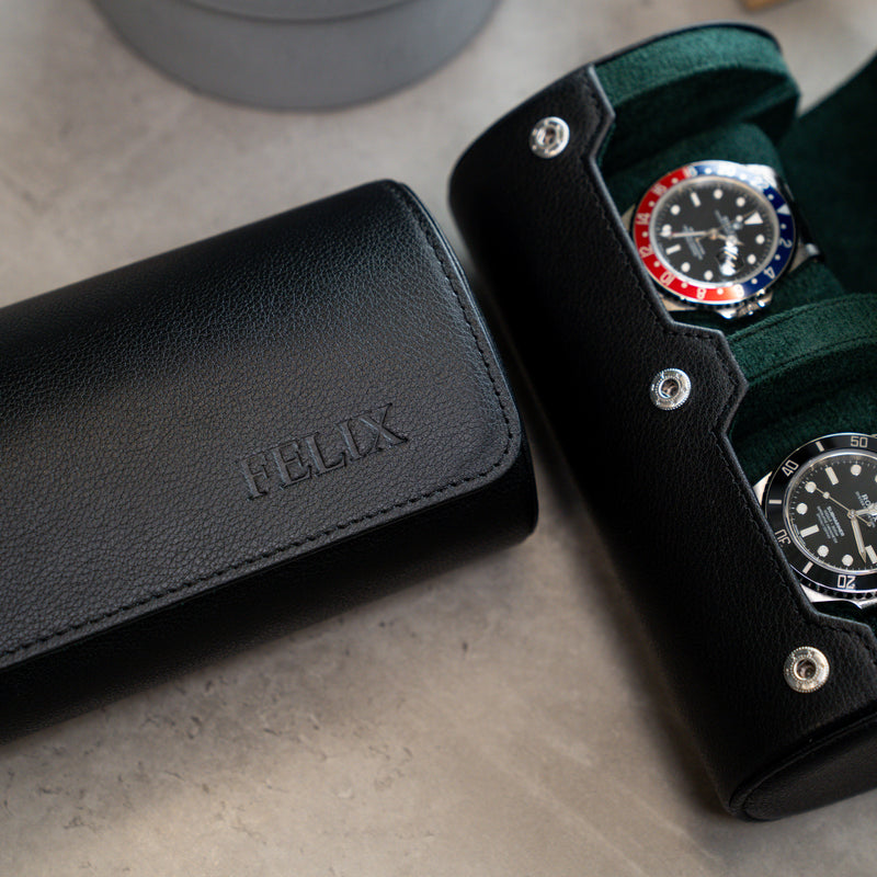 Personalized Watch Roll Black Green engraved with the name FELIX