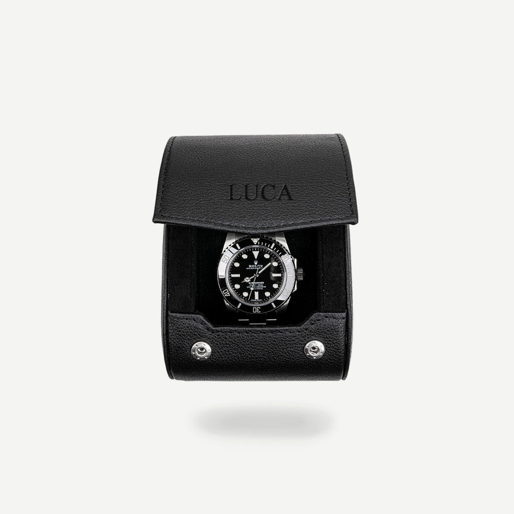 Personalized single watch roll in all black with the name LUCA engraved