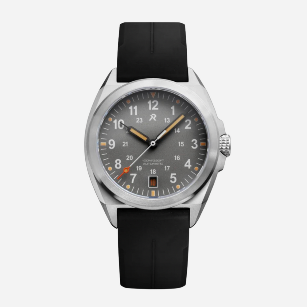 Wristwatch with black strap and gray dial on a white background