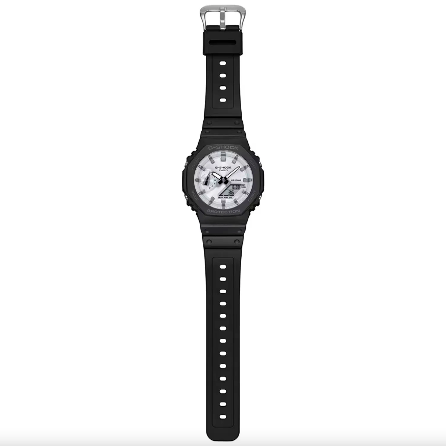 Black watch with a white face on a white background