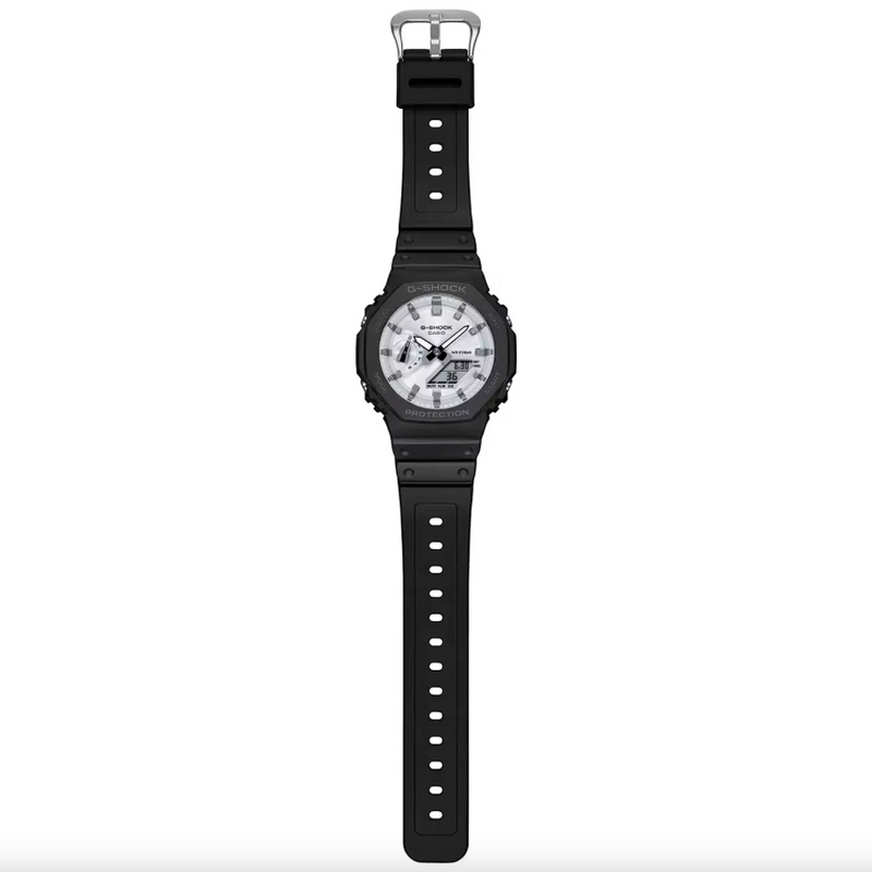 Black watch with a white face on a white background