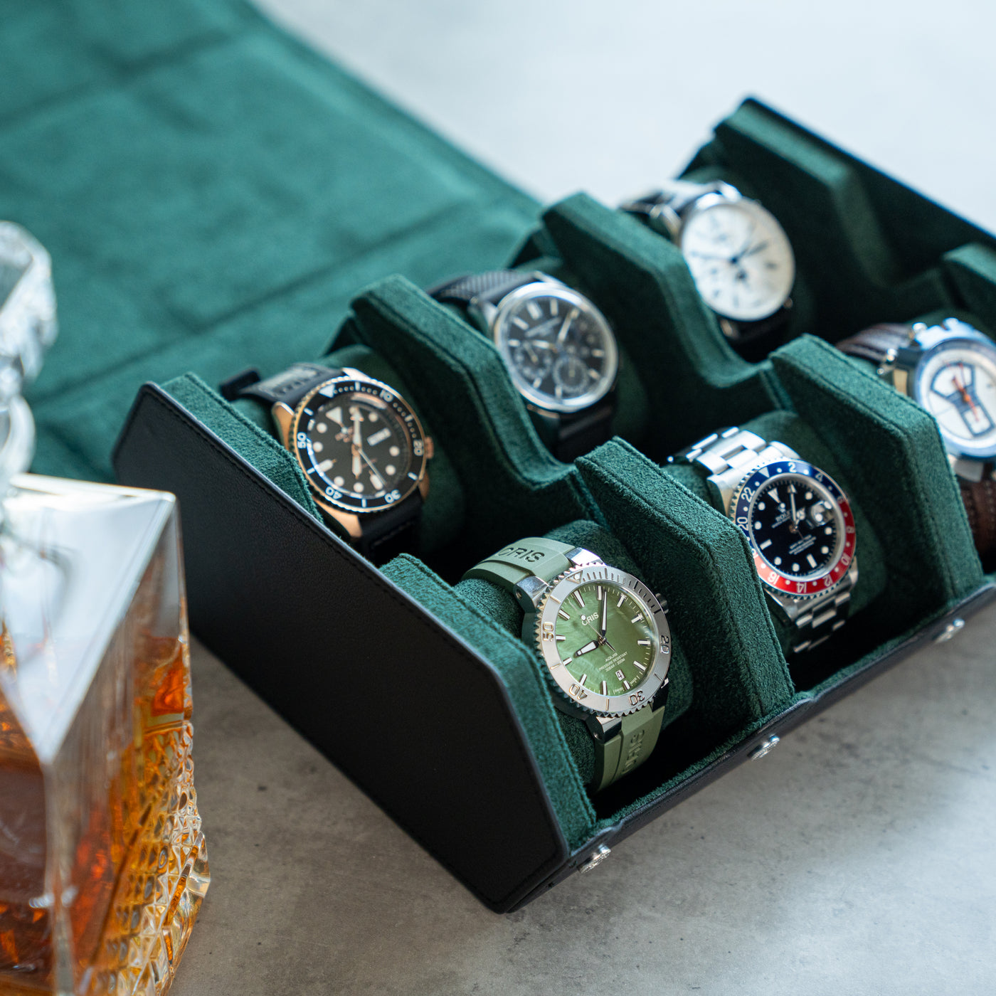 Hexagon watch box for 6 watches, black leather with green interior