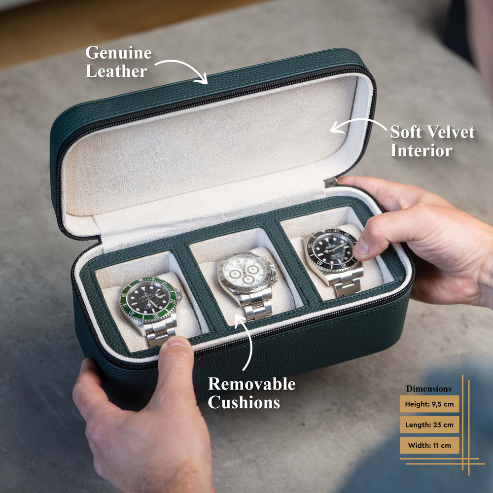 Square Watch Box 3 Slot - Dark Green Litchi