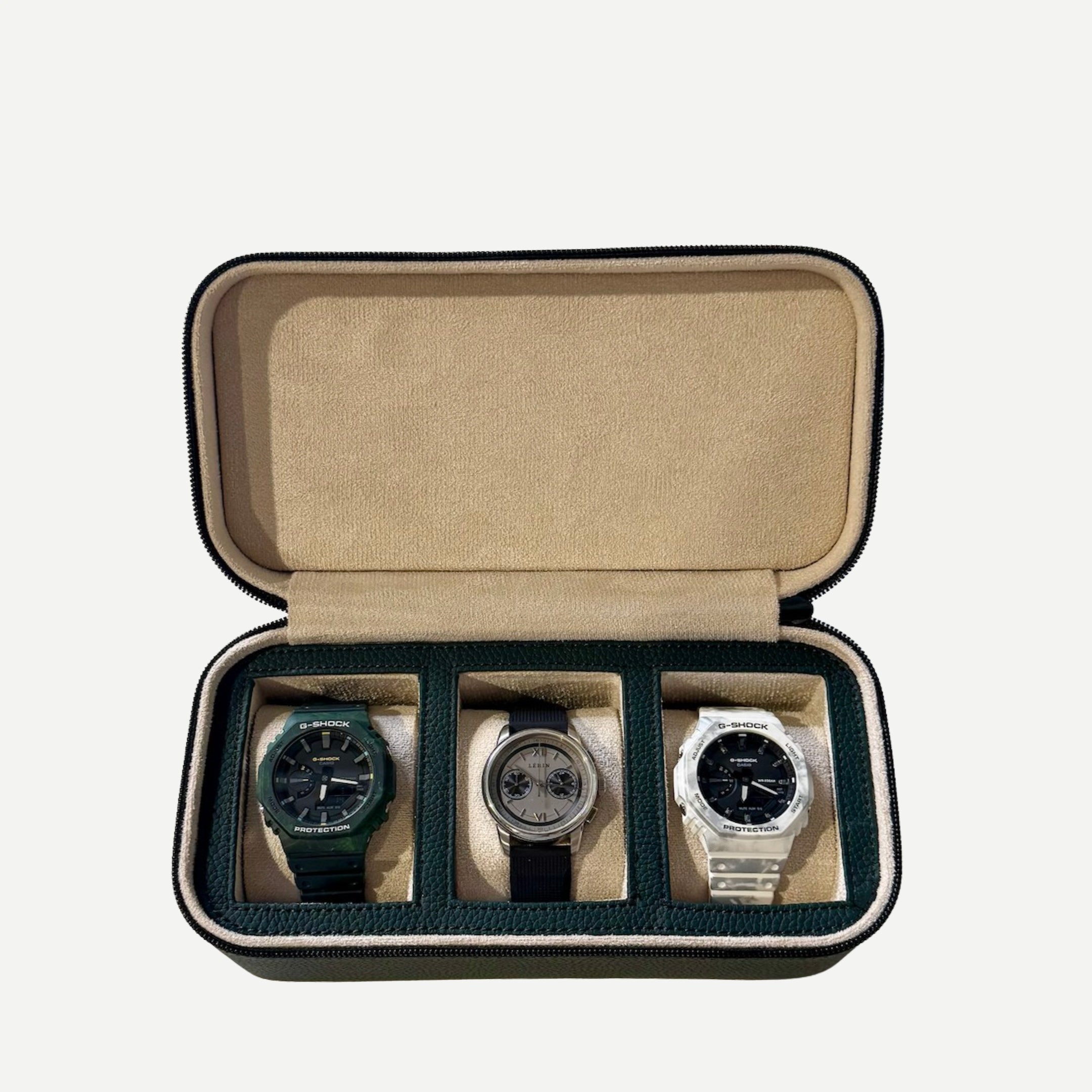 Square Watch Box 3 Slot - Dark Green Litchi