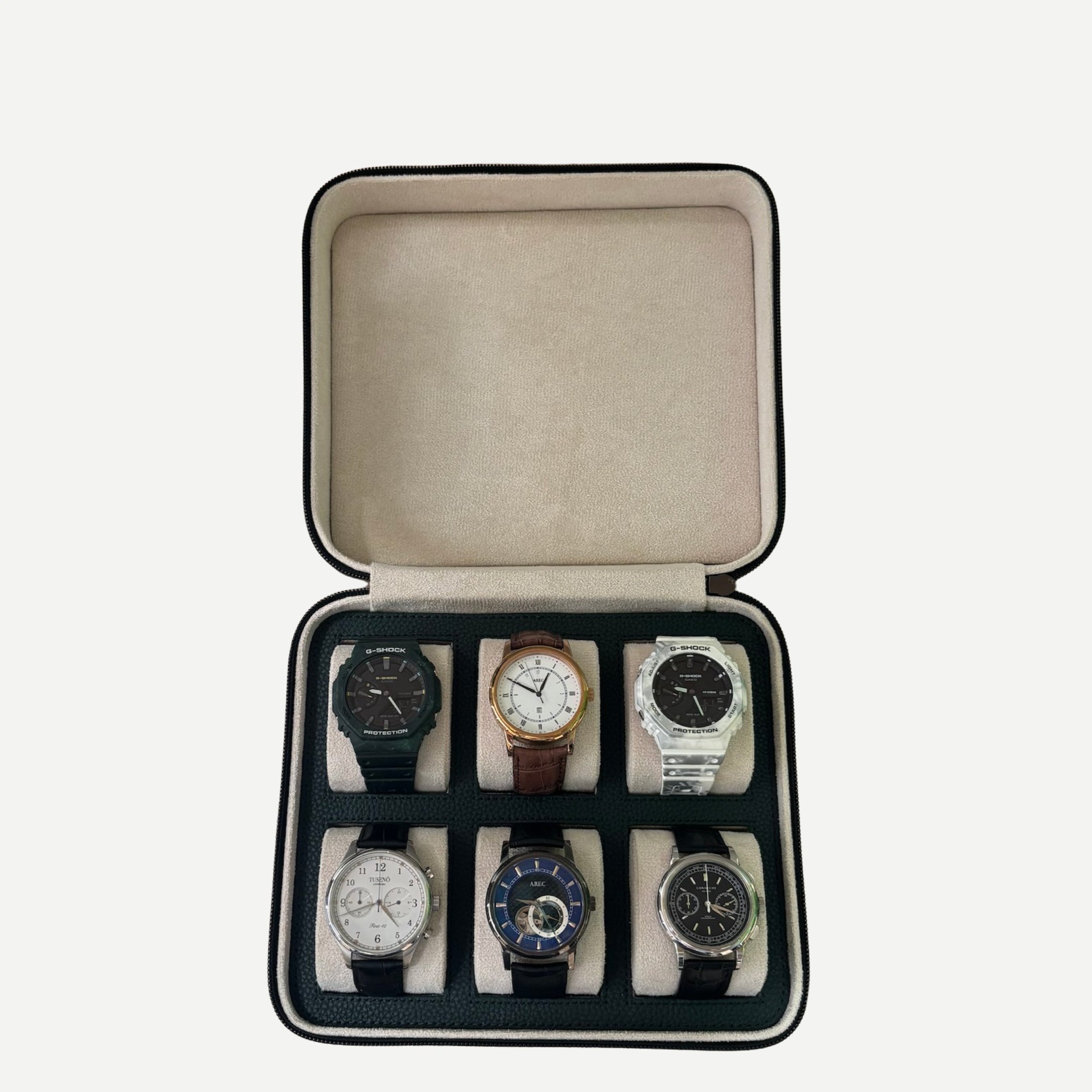 Square Watch Box 6 Slot - Dark Green Litchi