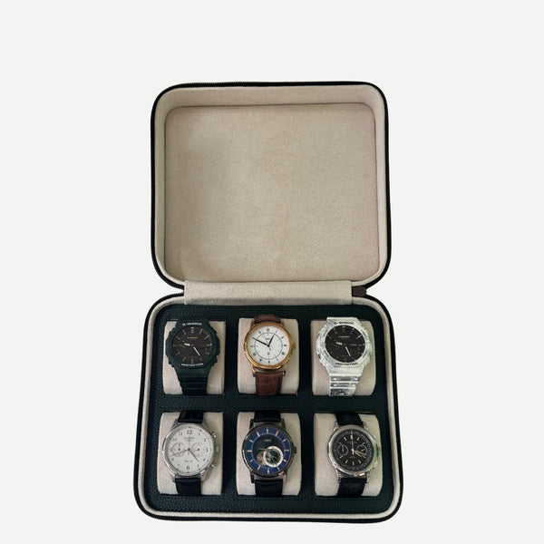 Square Watch Box 6 Slot - Dark Green Litchi