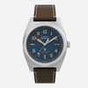 Timex Expedition watch with brown leather strap and blue dial on a white background