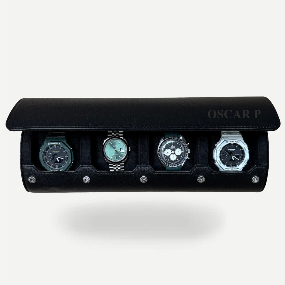 A personalized watch roll in all black 