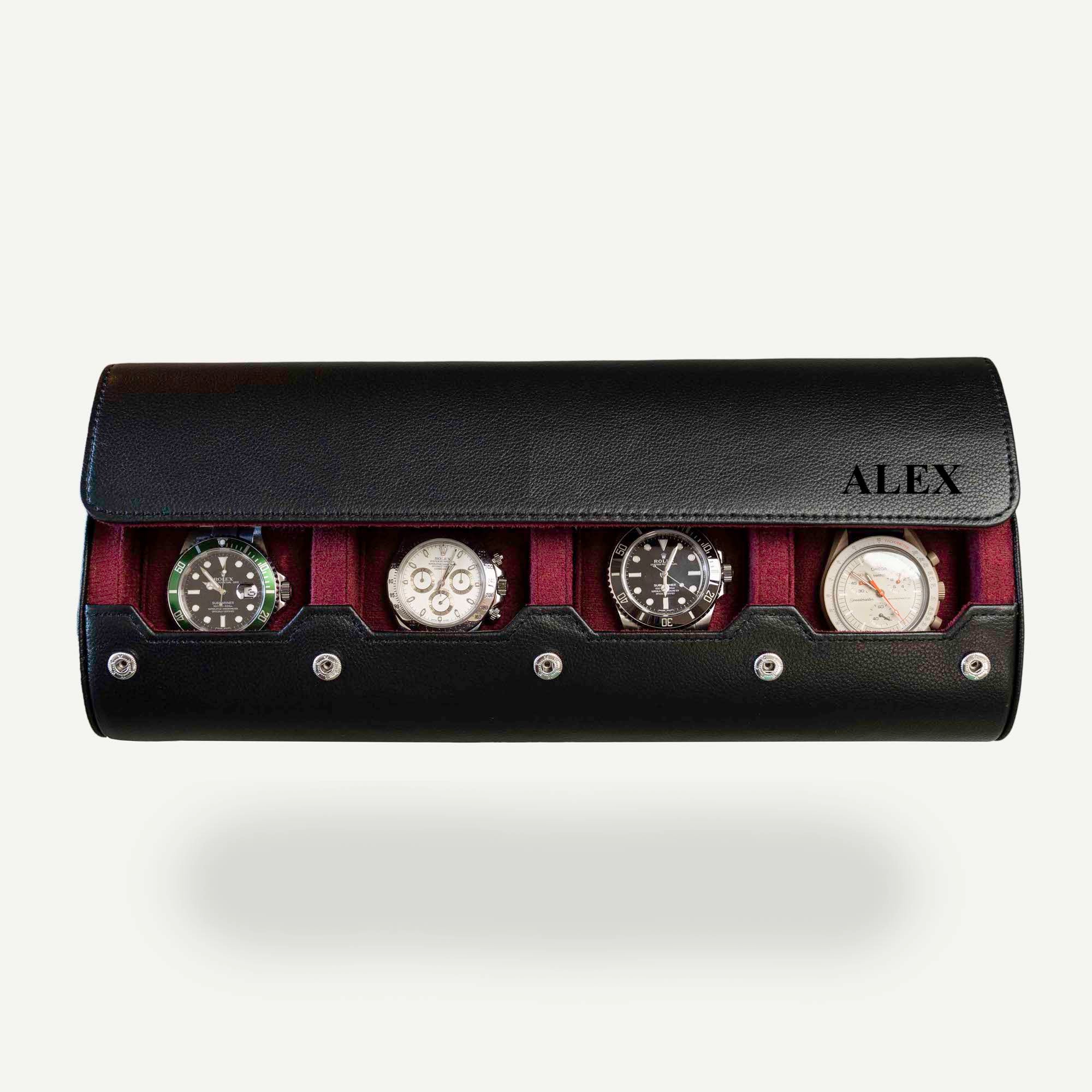 Personalized Watch Roll In Black Cherry with the name Alex engraved 