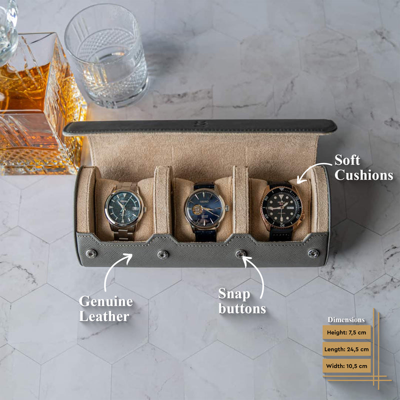 Watch Roll for three watches in Grey Saffiano