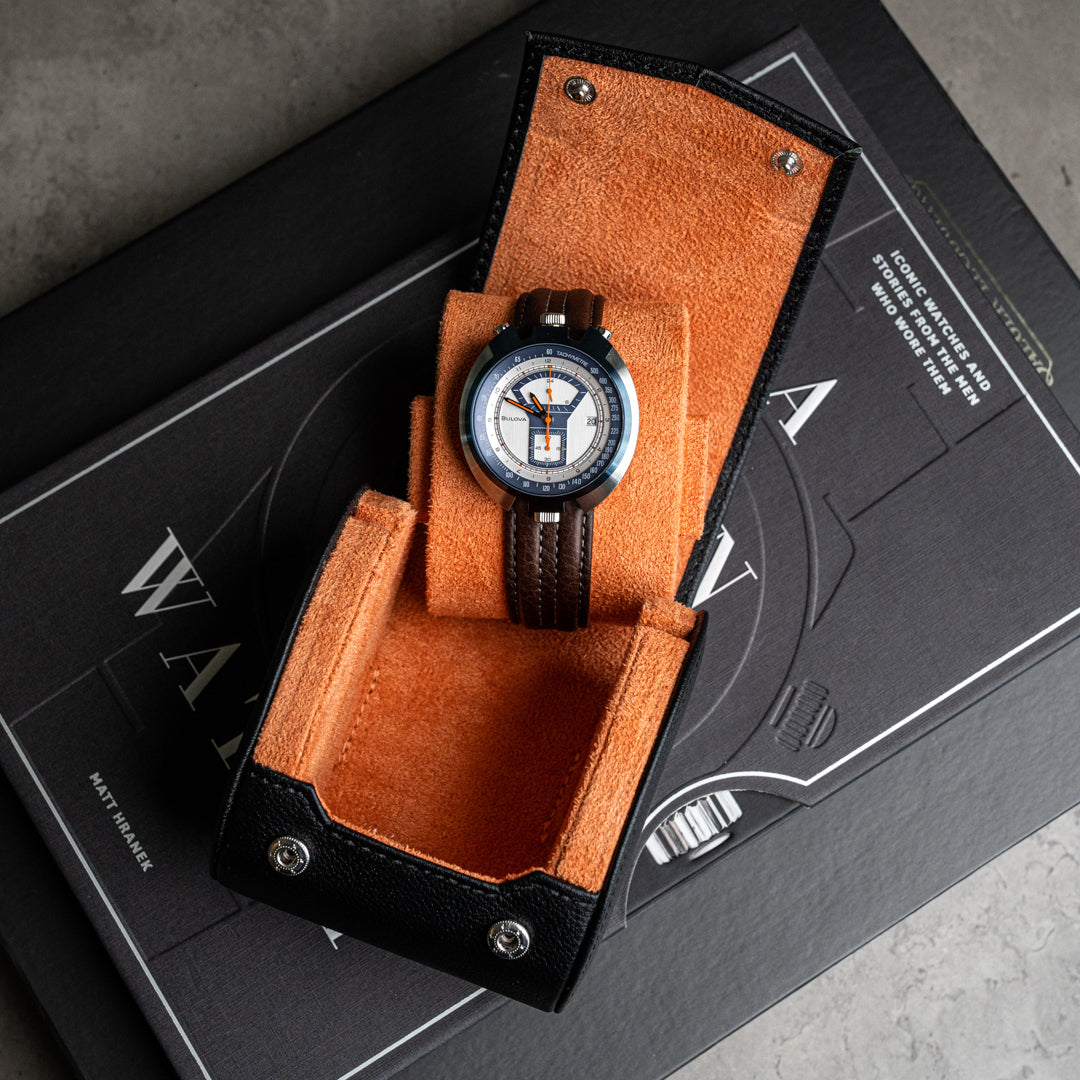 Single Travel Roll - black, black orange, travel roll for one watch, small travel roll, watch storage, how to travel safely with your watch, compact watch roll, watch roll interior