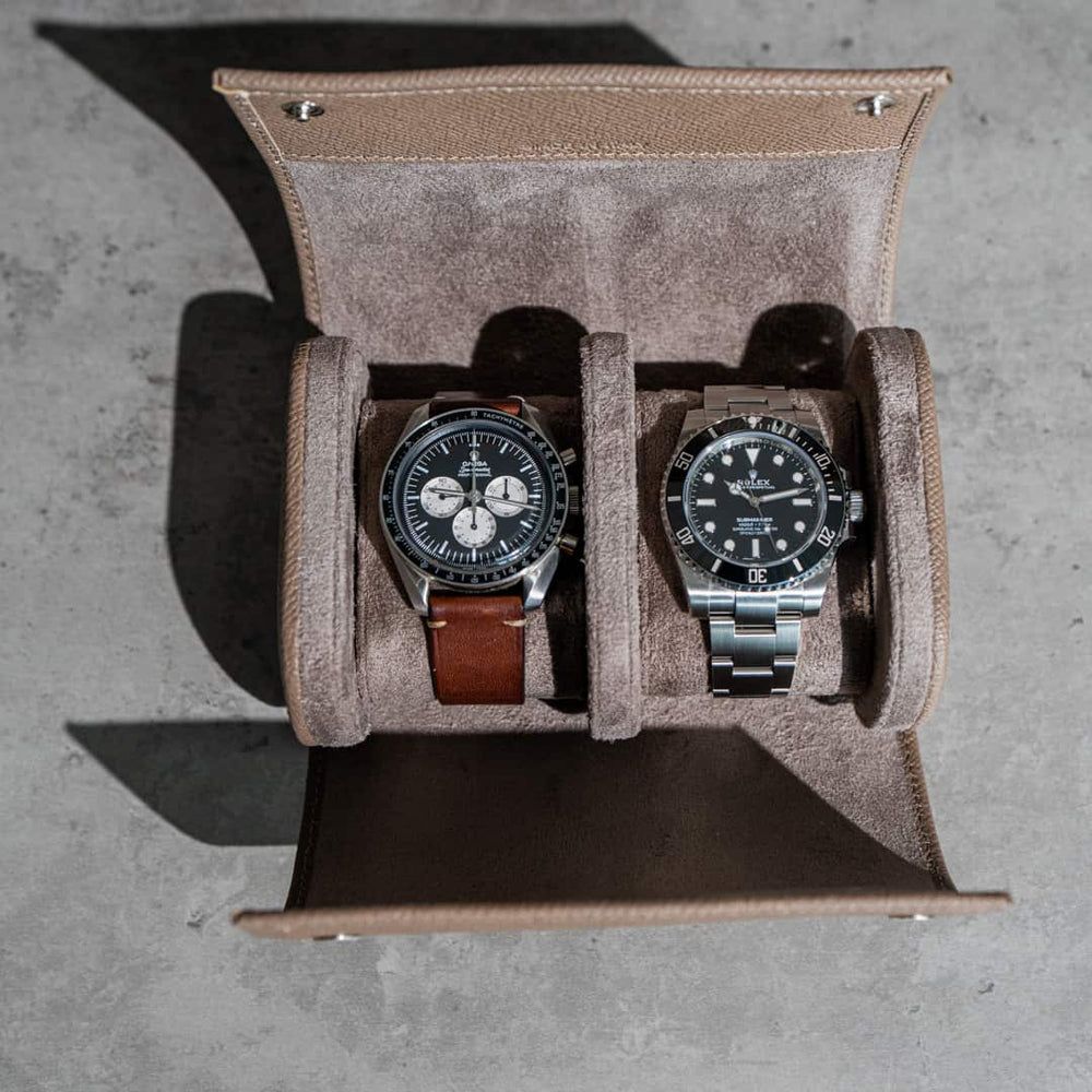 Nevada Desert two slot Watch Roll, Alcantara lined, italian leather, handmade in italy, watch roll, travelroll for watches, travel safely with watches, small watch roll, watch roll witch watches