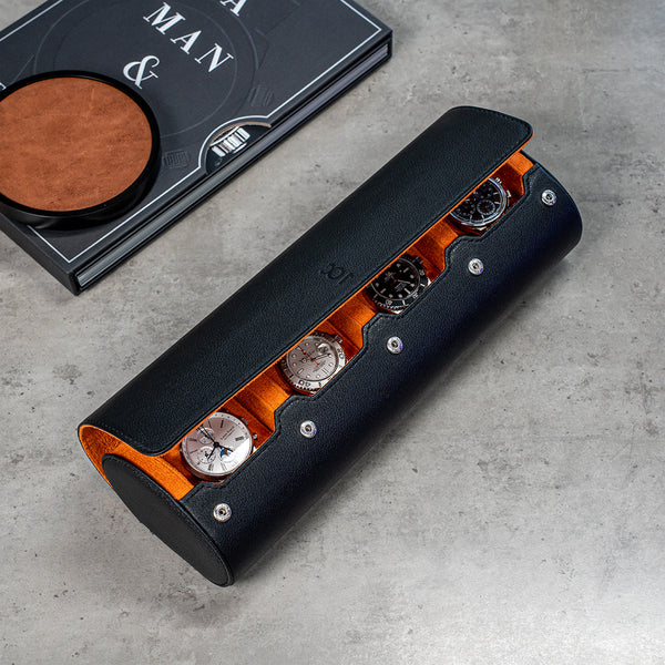 travel watch roll extra large - black, black orange, genuine leather, travel watch roll, how to travel with your watch, watch roll for four watches, watch roll interior
