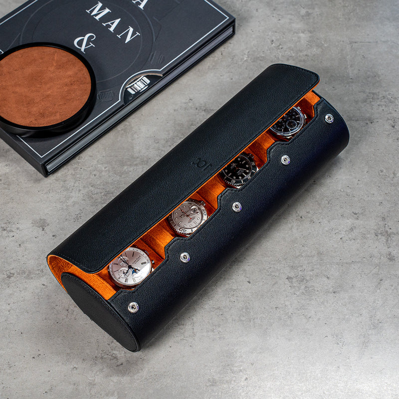 travel watch roll extra large - black, black orange, genuine leather, travel watch roll, how to travel with your watch, watch roll for four watches, watch roll interior