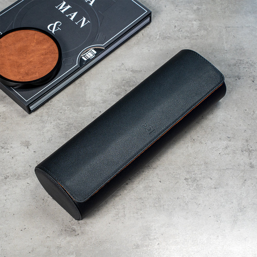 travel watch roll extra large - black, black orange, genuine leather, travel watch roll, how to travel with your watch, watch roll for four watches