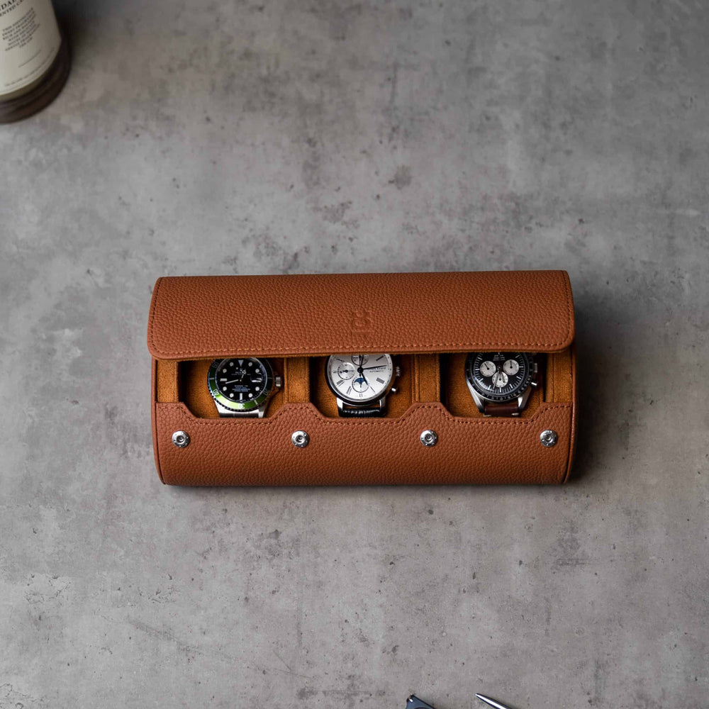 Brown Litchi Watch Roll for three watches 