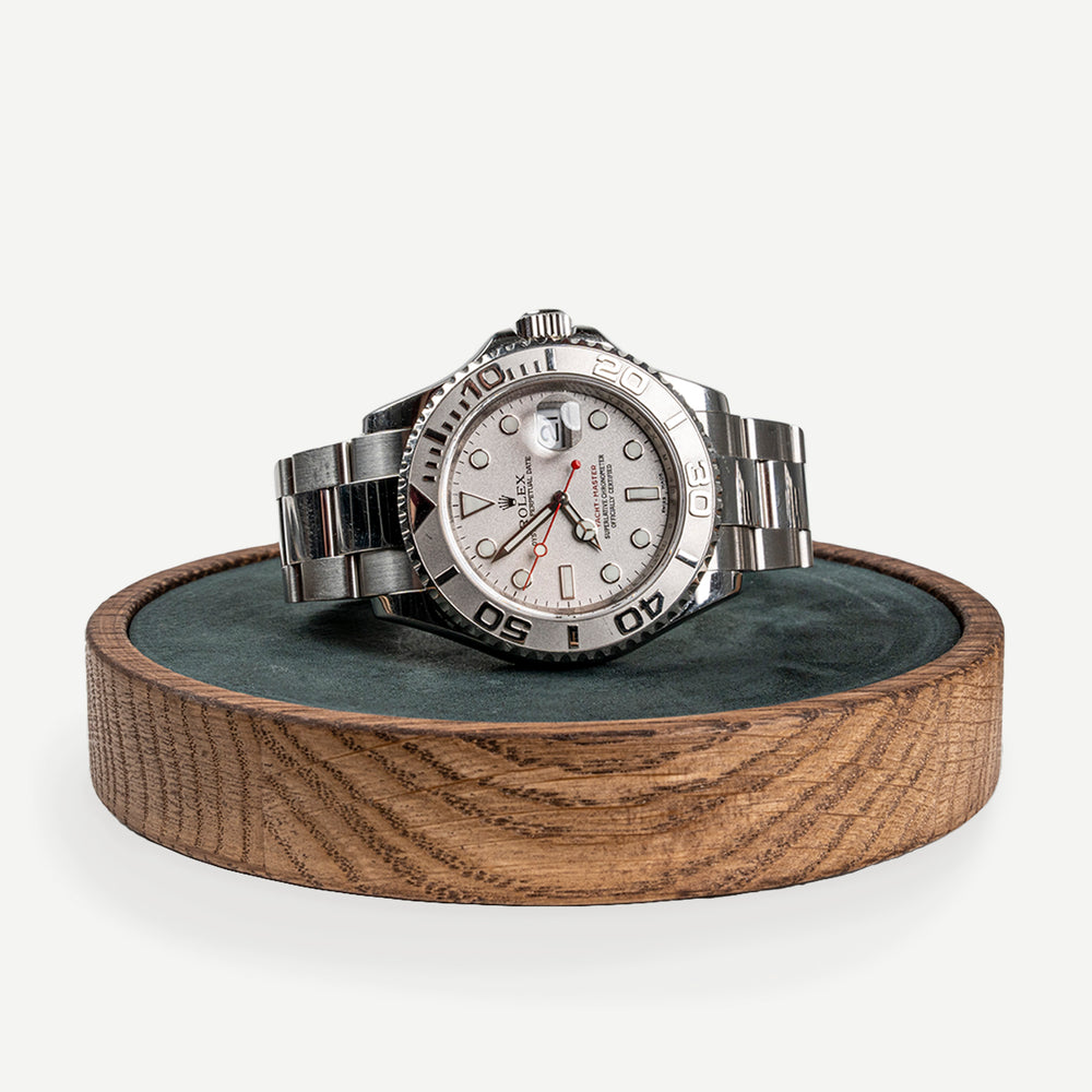 Products Morelund Watchmat, dark oak green leather, FSC certified wood, scandinavian design, watch display, watch home decor