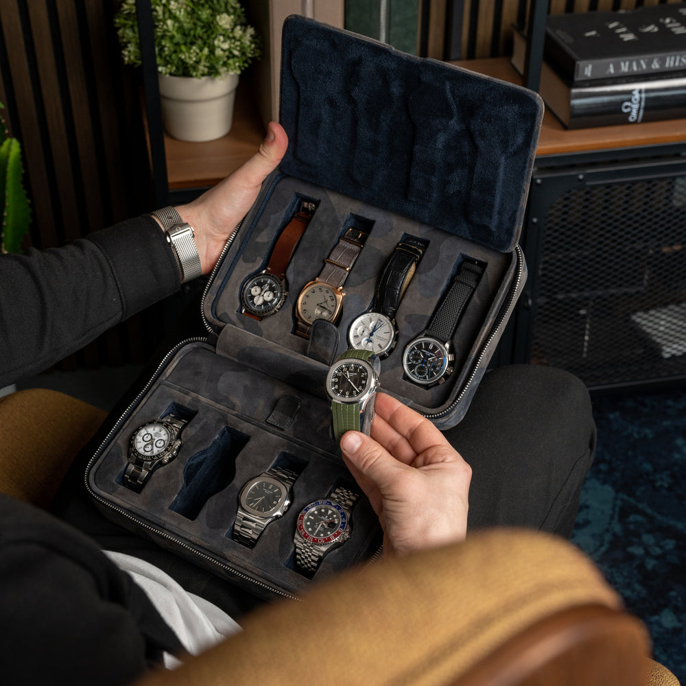 Camo 8 Slot Watch Box DailyWatch, italian suede leather, handmade, travel safe with eight watches