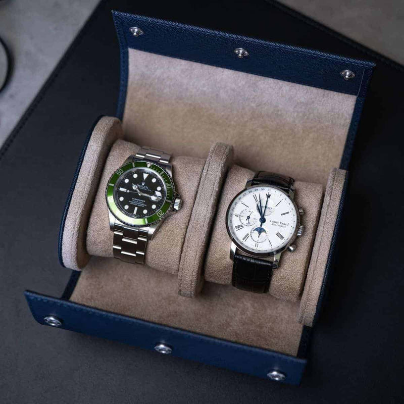 Navy Blue Saffiano Two Slot Watch Roll 