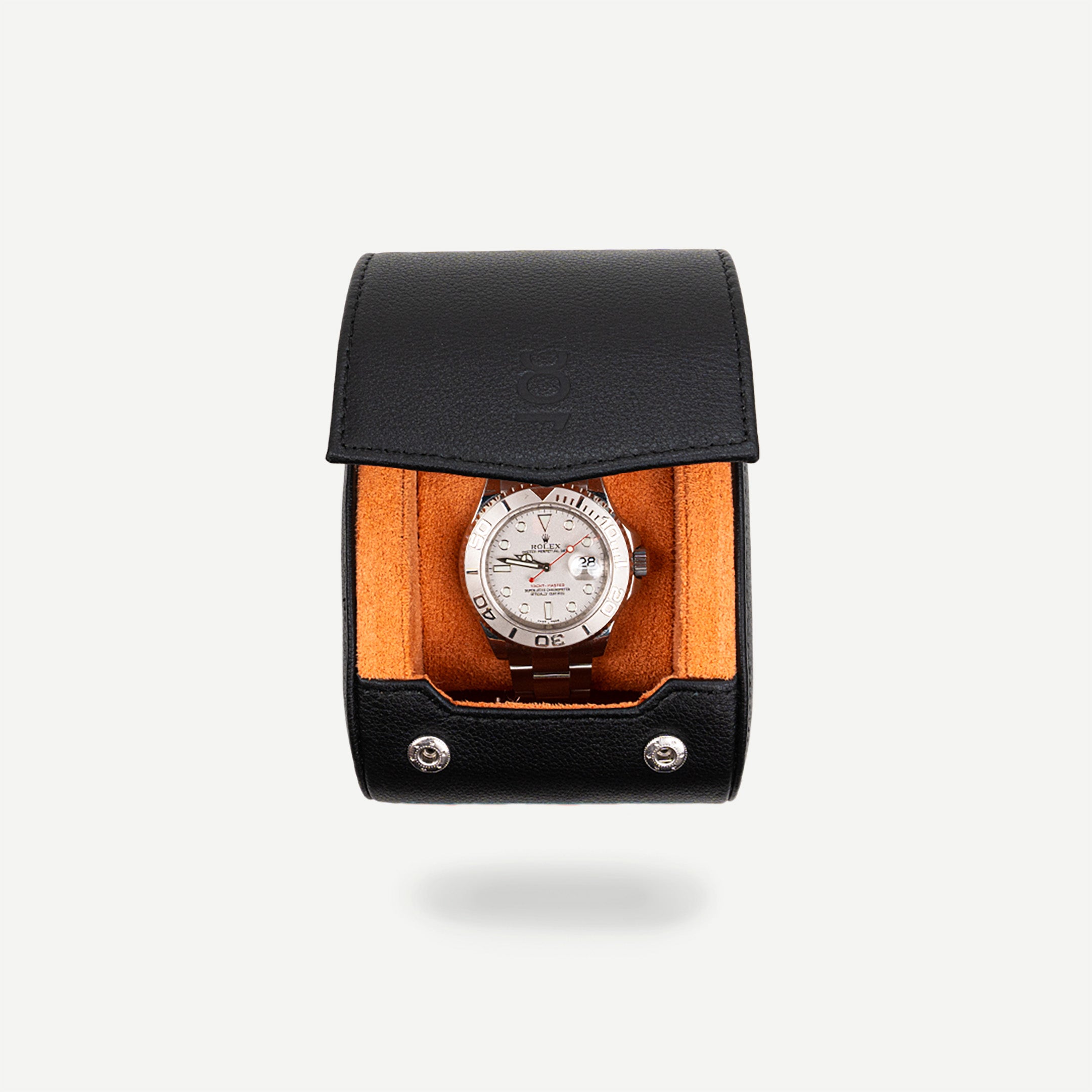 Single Travel Roll - black, black orange, travel roll for one watch, small travel roll, watch storage, how to travel safely with your watch, compact watch roll, watch roll interior