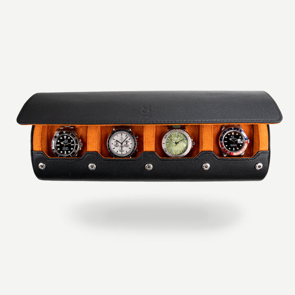 travel watch roll extra large - black, black orange, genuine leather, travel watch roll, how to travel with your watch, watch roll for four watches