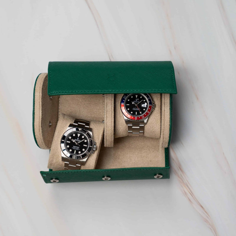 Two Slot Watch Roll Green Saffiano with snap cushions