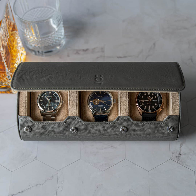 Watch Roll Large in Grey Saffiano