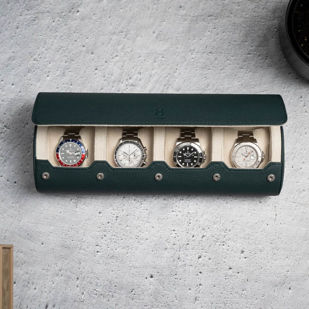 Watch Roll for 4 watches in Dark Green Litchi